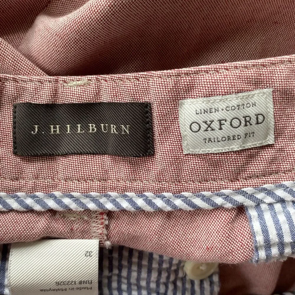 J. Hilburn Oxford Linen Cotton Blend Red Tailored Fit Shorts Mens Size 32x9